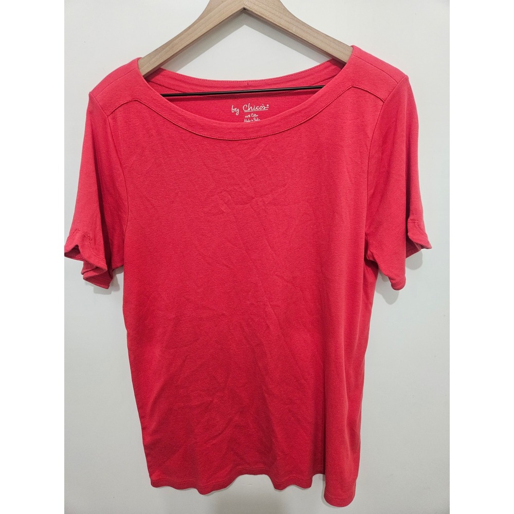 Chicos Red Short Sleeve Scoop Neck 100% Cotton Tee Shirt Size 2 Medium Large
